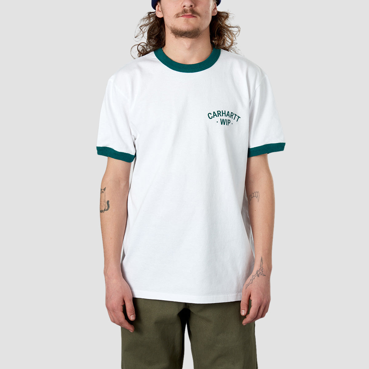 Carhartt WIP 89 Ringer T-Shirt White/Rainforest Heavy Enzyme Wash