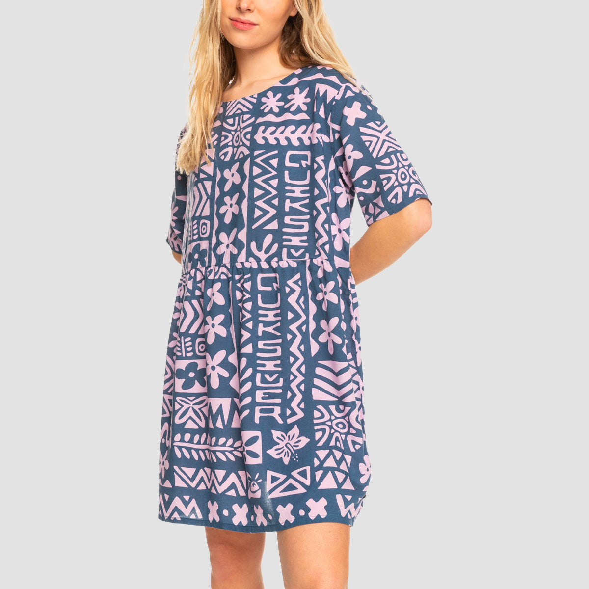 Quiksilver Cosmic Ripple Short Sleeve Dress Vintage Indigo Tropical Trip - Womens