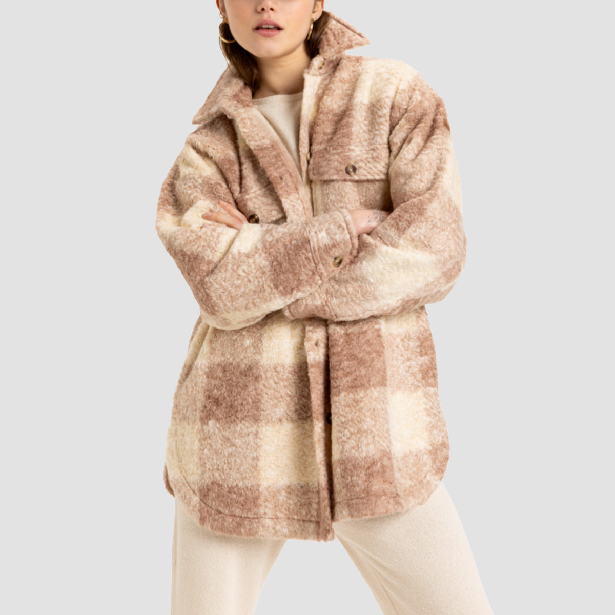 Roxy Over And Above Polar Fleece Jacket Warm Taupe Be Bold Plaid - Womens