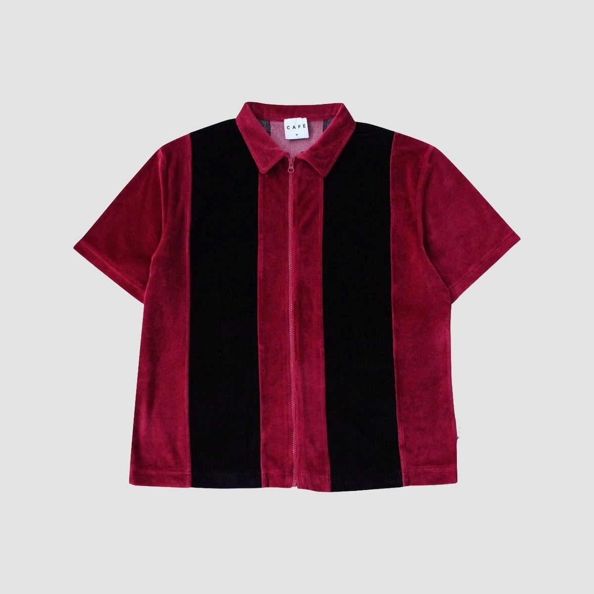 Skateboard Cafe Full Zip Velour Stripe Short Sleeve Shirt Burgundy/Black