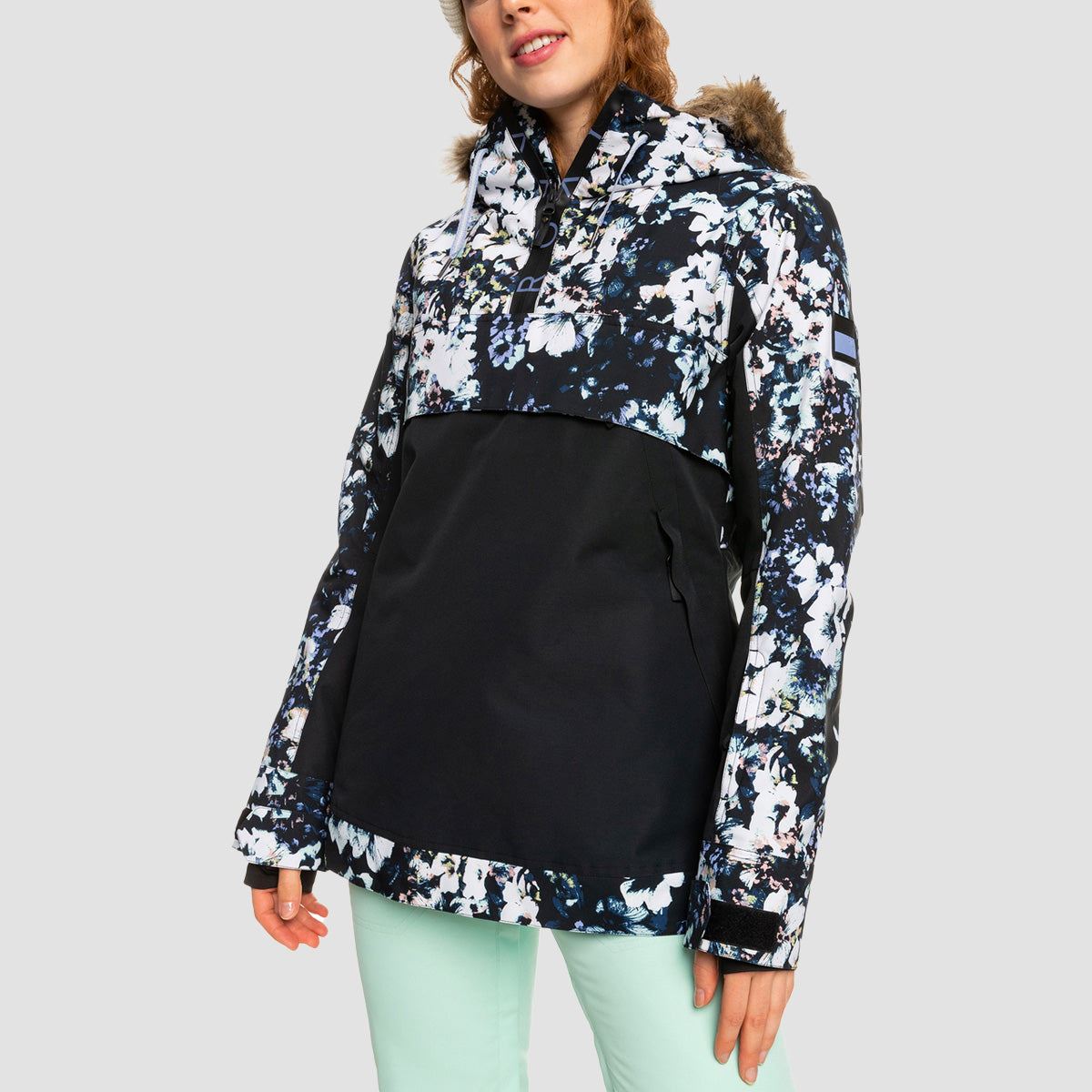 Roxy Shelter 10K Pullover Snow Jacket True Black Black Flowers - Womens