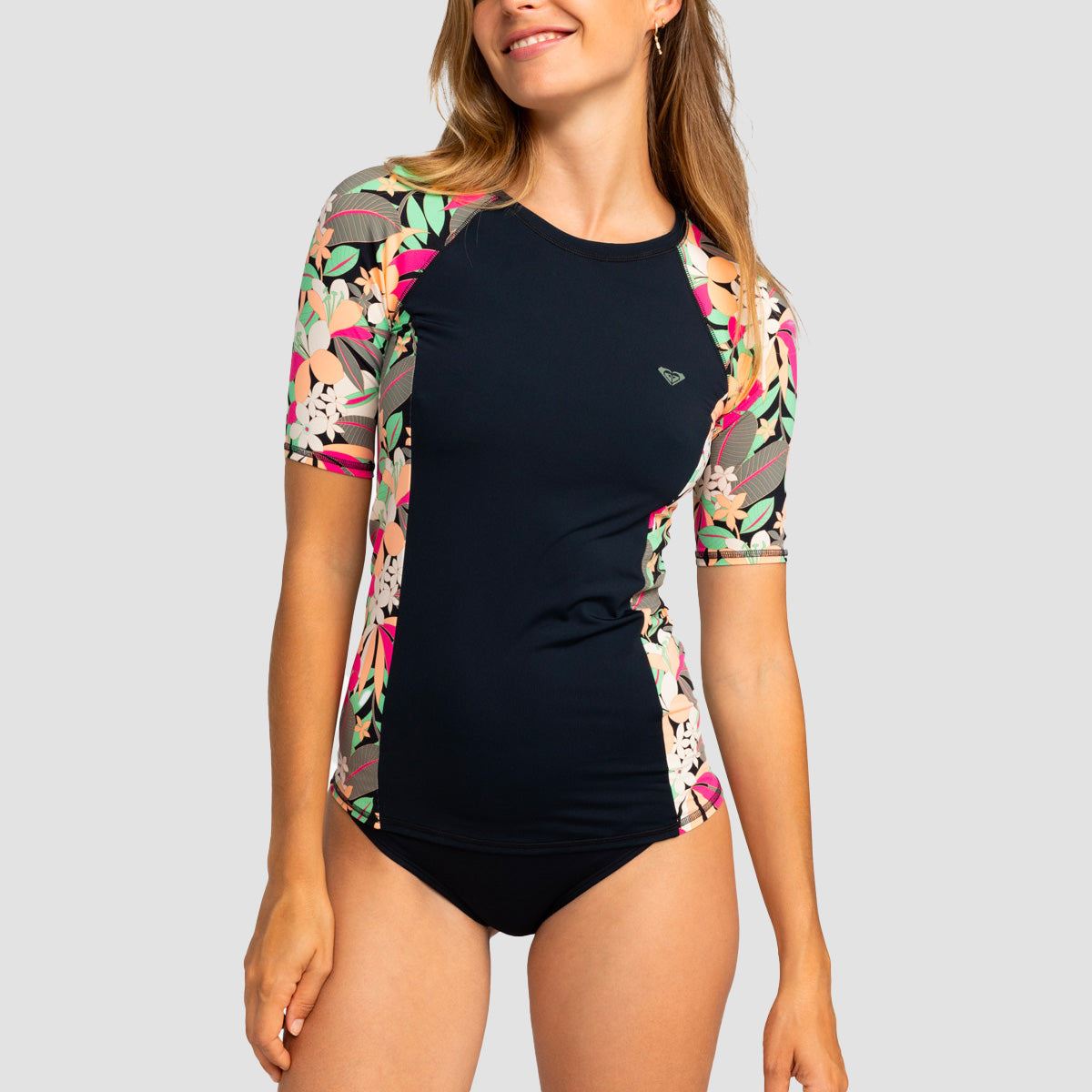 Roxy Lycra Printed Short Sleeve UPF 50 Rash Vest Anthracite Palm Song Swim - Womens