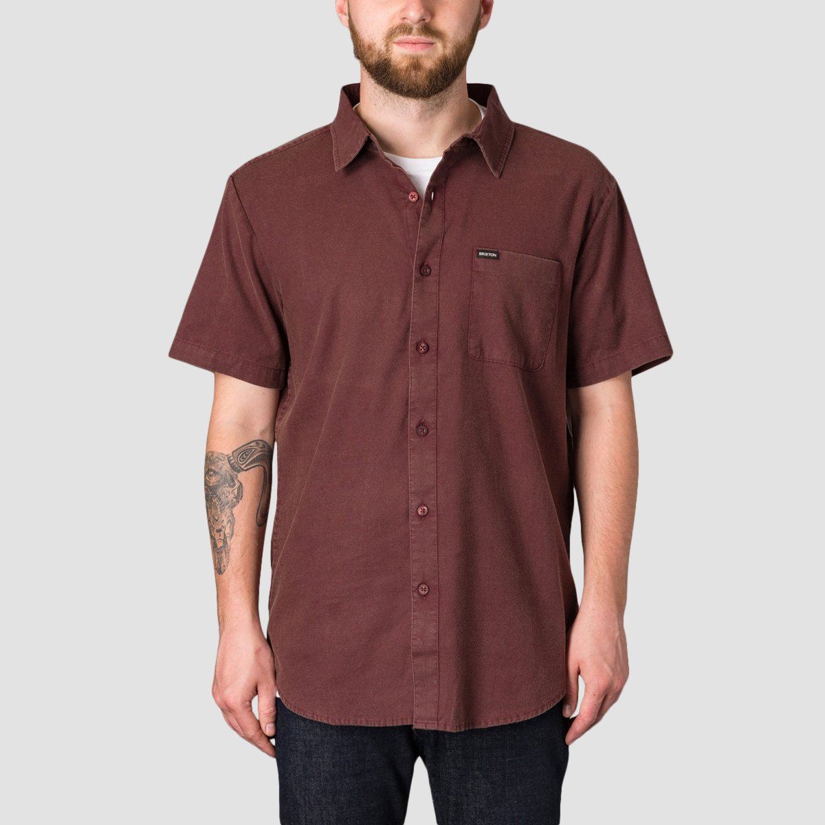 Brixton Charter Oxford Short Sleeve Woven Shirt Wine Sun Wash