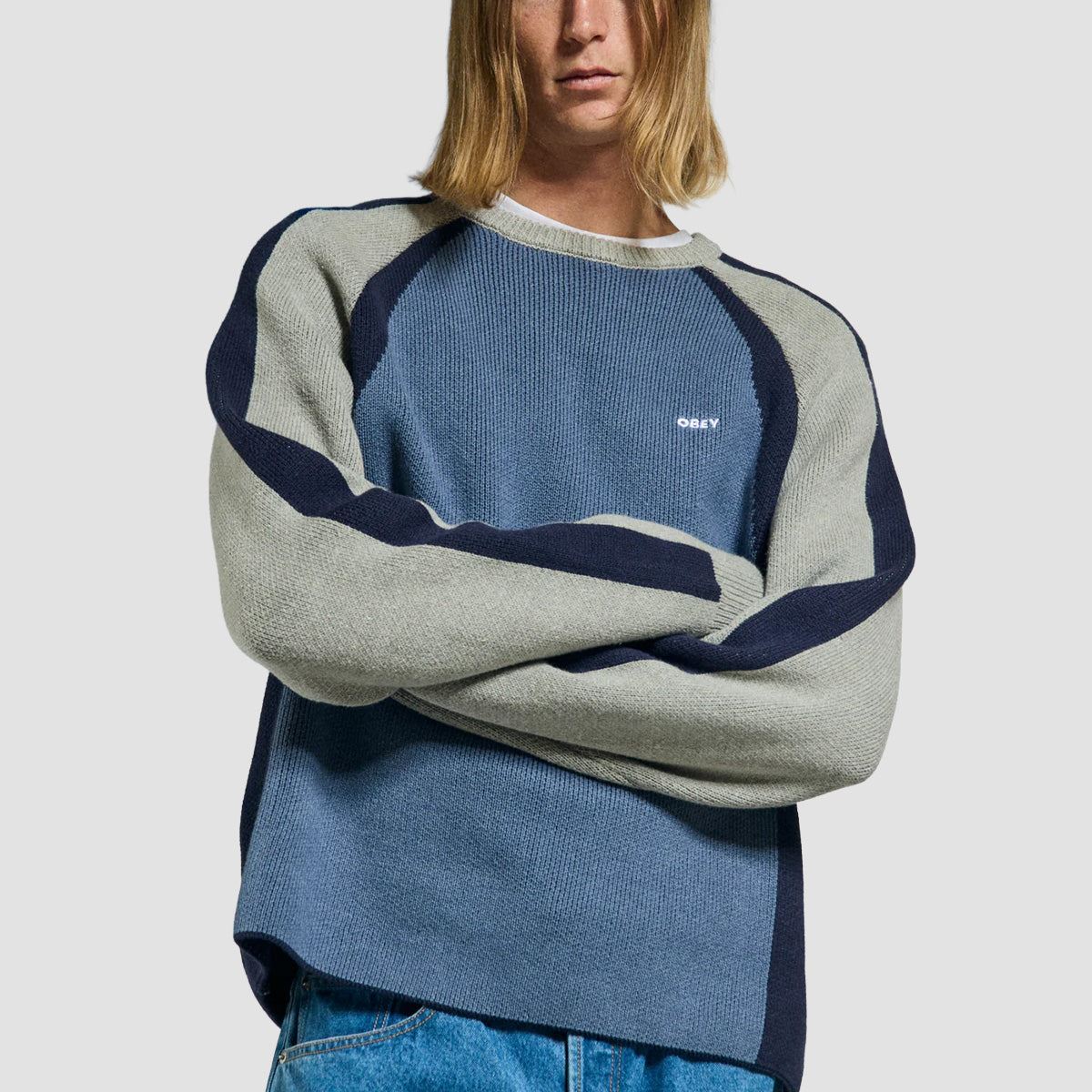 OBEY Raglan Crew Neck Sweater Dull Blue Multi