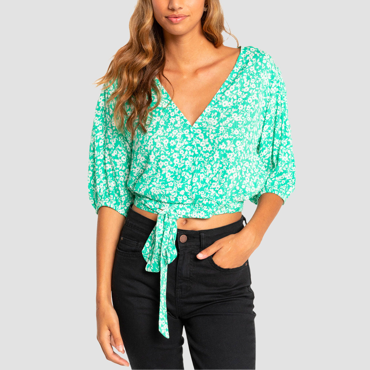 Billabong Too Cute Puff Sleeve V-Neck Top Tropical Green - Womens
