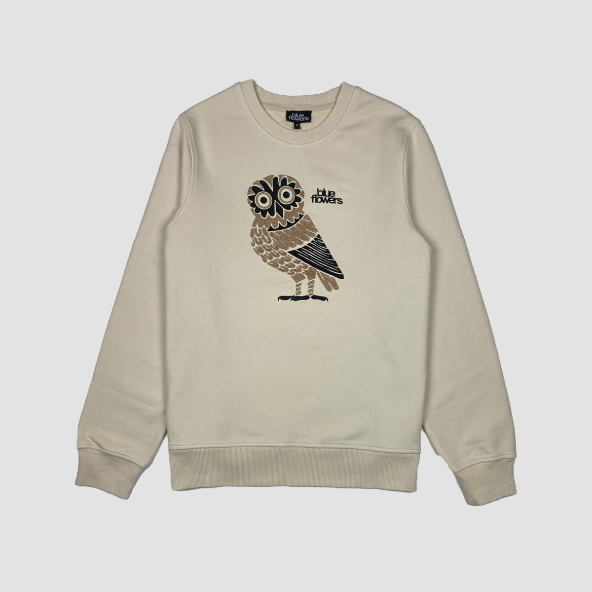 Blue Flowers Owl Crew Sweatshirt Cream
