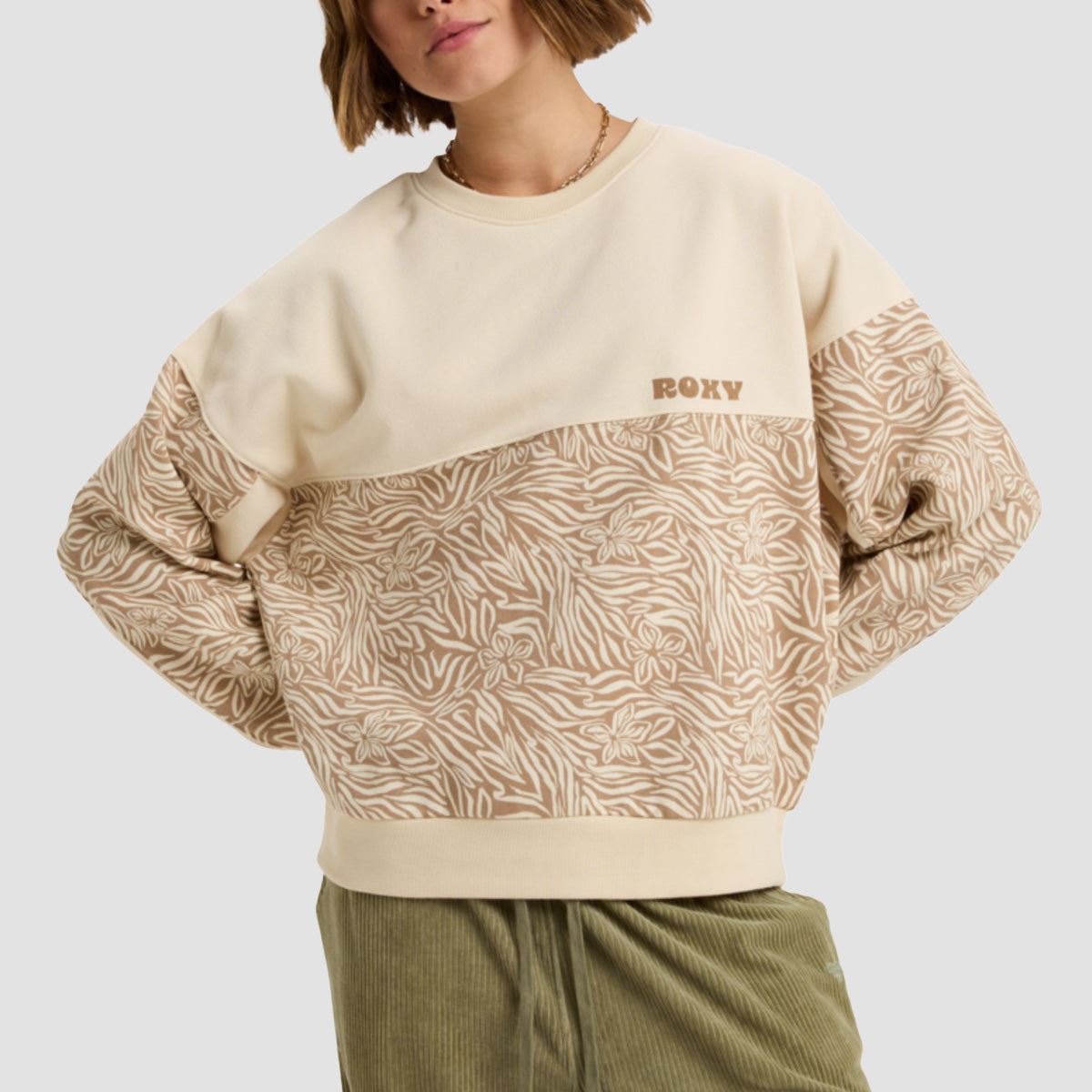 Roxy Gone Wild Block Crew Sweatshirt Parchment Animal Floral - Womens