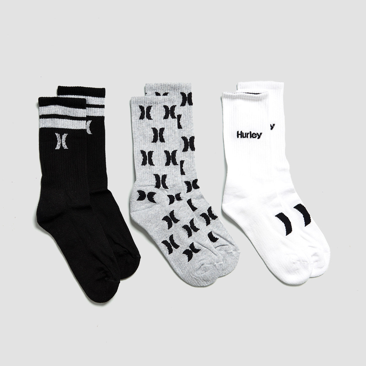 Hurley Print 1/2 Terry Crew Socks 3 Pack Grey/White/Black