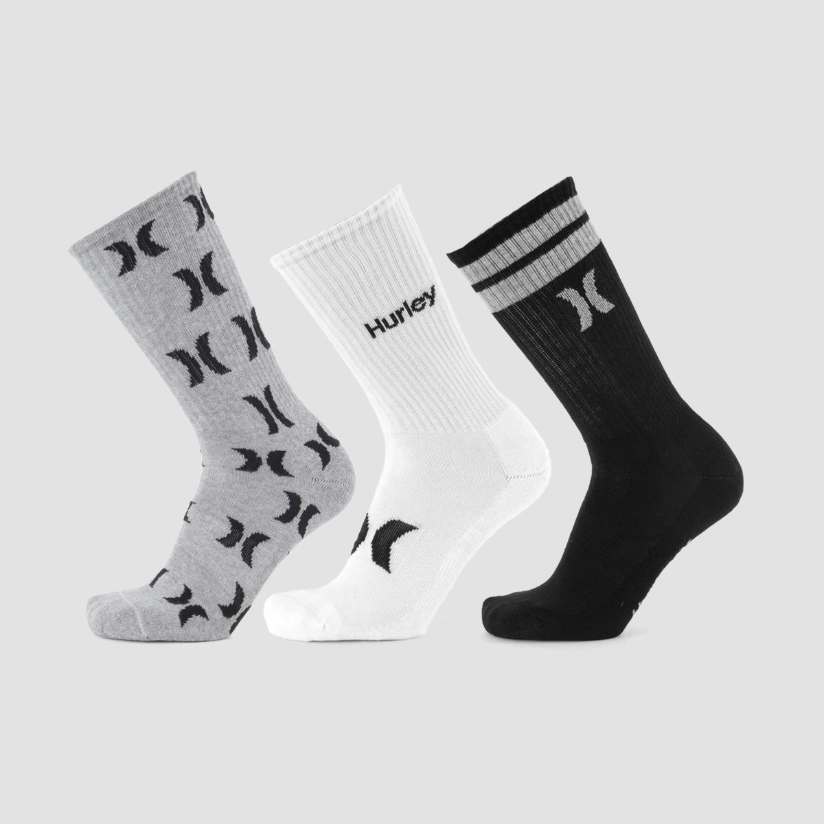 Hurley Print 1/2 Terry Crew Socks 3 Pack Grey/White/Black