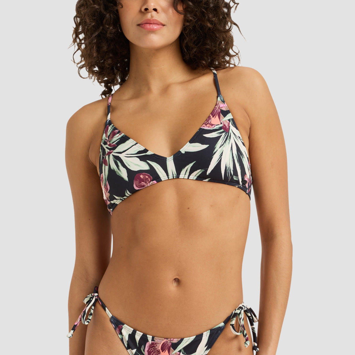 Roxy Beach Classics Strappy Bra Bikini Top Anthracite Wind Swept Floral - Womens