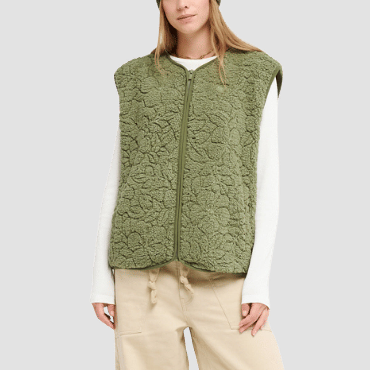 Roxy Best Town Sherpa Vest Jacket Oil Green Outline Mo - Womens
