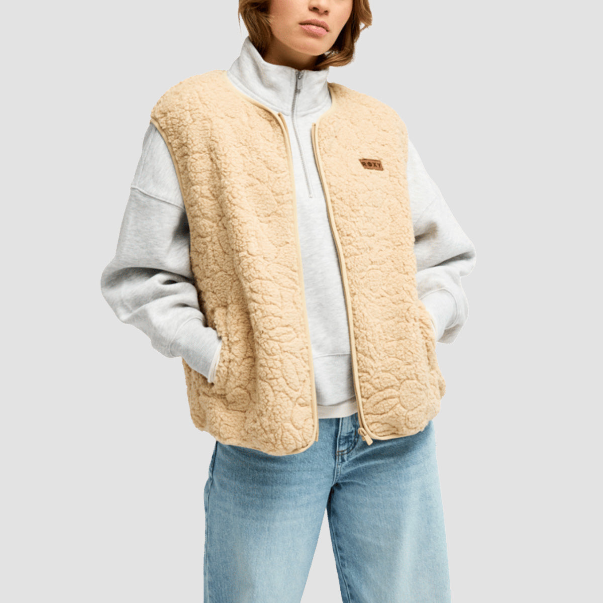 Roxy Best Town Sherpa Vest Jacket Peeble Outline Mo - Womens