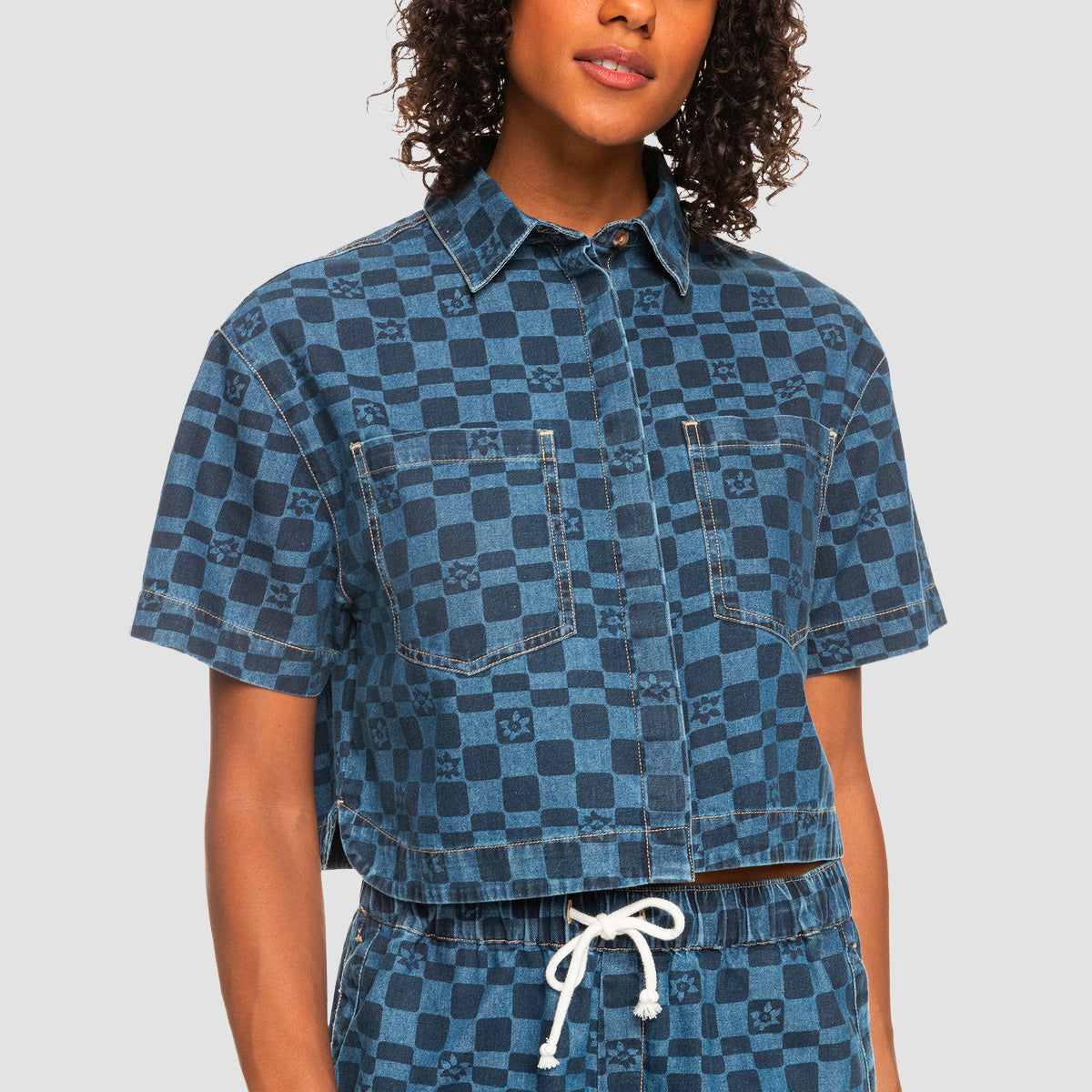 Roxy Blue Wave Club Short Sleeve Denim Shirt Mood Indigo Sol Power - Womens
