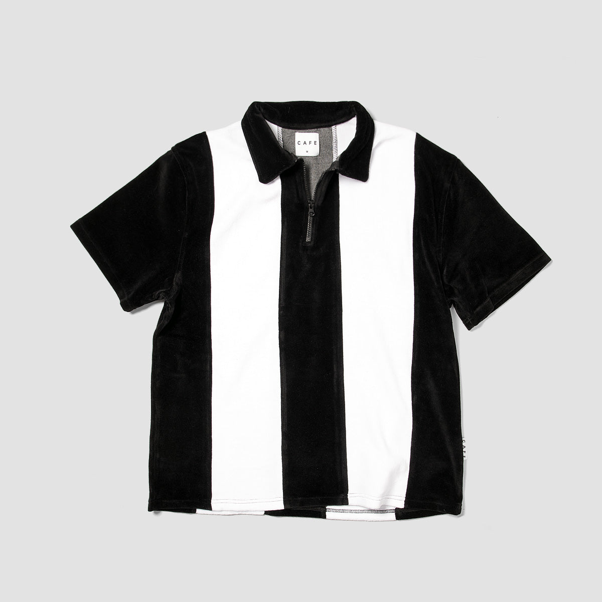 Skateboard Cafe Stripe 1/4 Zip Velour Polo Shirt Black/White