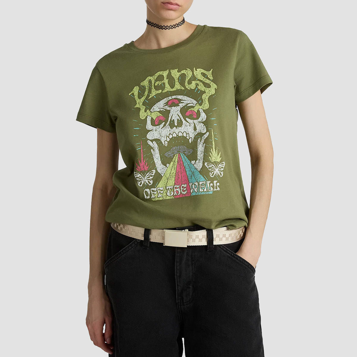 Vans Skull Saucer Crew T-Shirt Olivine - Womens